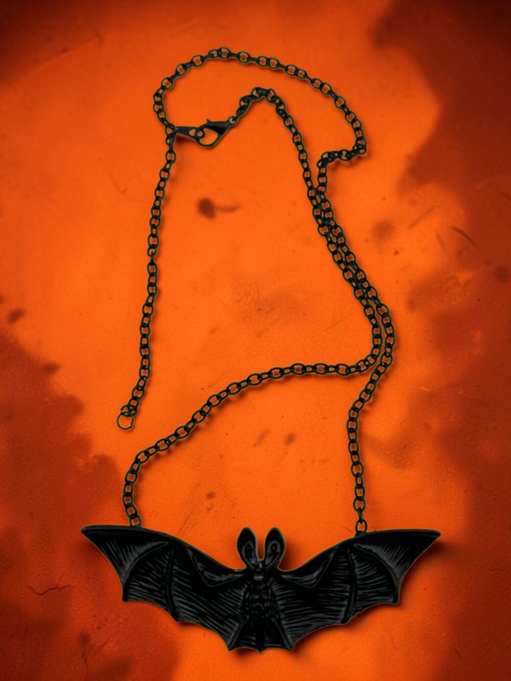 Black Bat Necklace Large 3" Statement Pendant Goth Halloween 18–21"